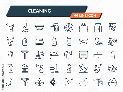 cleaning icons set - housekeeping, sweeping, scouring pads, hand washing, cream outline vector collection.