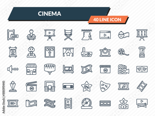 cinema icons set - subtitle, hitman, projector screen, vip person, movie player outline vector collection.