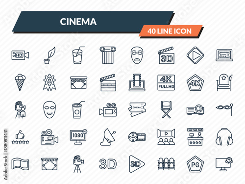 cinema icons set - hd video, author, drink with straw, parental guidance, 3d television outline vector collection.