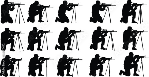 Black Silhouette Set of Military Snipers in Kneeling Poses with Tactical Rifles and Tripods for Army Combat Training and Professional Marksman Mission Project Concepts