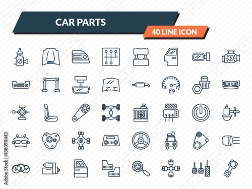 car parts icons set - car choke, car hood, brake light, accelerator, piston outline vector collection.