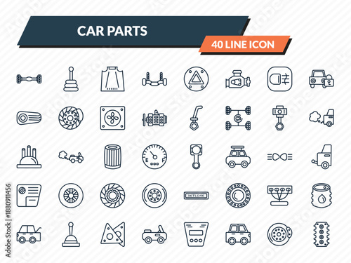 car parts icons set - car axle, car transmission, bonnet, brake, cylinder head outline vector collection.