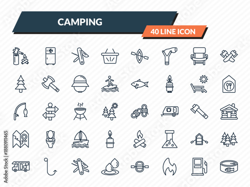 camping icons set - firewood, freezer, swiss army knife, gasoline, canned food outline vector collection.