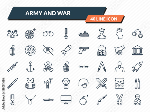 army and war icons set - brigade, target, binoculars, medal, conscription outline vector collection.