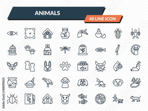 animals icons set - fish eye, hunted, kennel, walking dog, leopard outline vector collection.