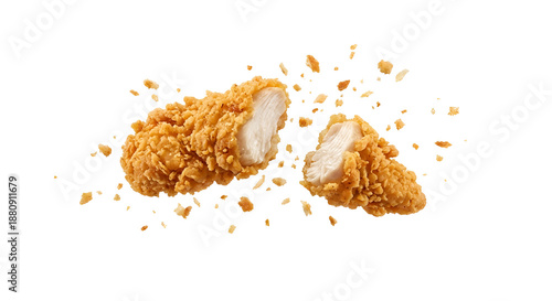 Crispy Golden-Brown Fried Chicken Tender Broken in Half, Revealing Juicy White Meat with Flying Crumbs, isolated on transparent background.
