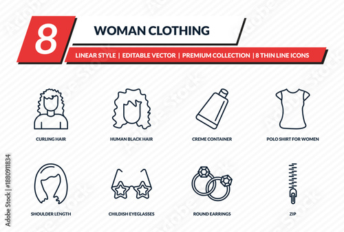 woman clothing icons set - curling hair, human black hair, creme container black, polo shirt for women, zip outline vector collection.