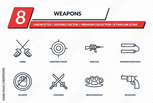 weapons icons set - sabre, shooting target, hine gun, japanese nunchaku, revolvers outline vector collection.