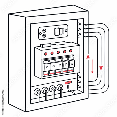 Electrical distribution board with fuses circuit breakers and wiring diagram arrows showing current flow