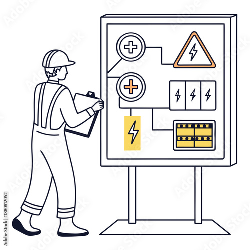 Electrician inspecting electrical control panel with wiring diagram and warning signs