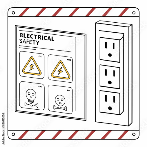 Electrical safety sign and outlet panel illustration in outline style