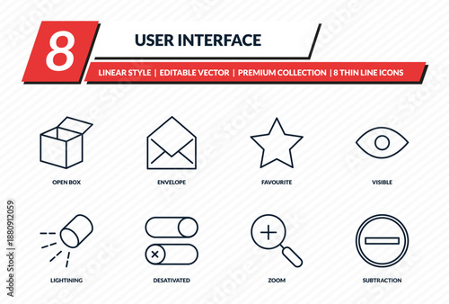 user interface icons set - open box, envelope, favourite, visible, subtraction outline vector collection.