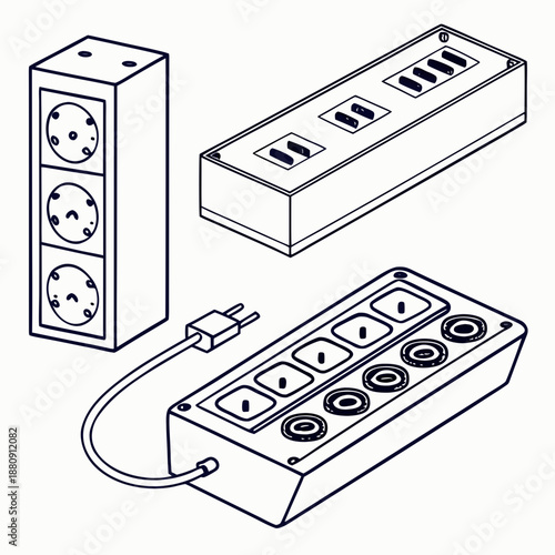 Three different types of electrical power strips and surge protectors in a line drawing style