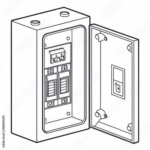 Line drawing of an open electrical circuit breaker panel box, fuse box, or distribution board with internal components shown