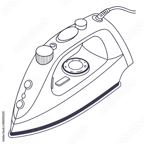 Outline drawing of a modern steam iron with controls and power cord, household appliance for pressing clothes