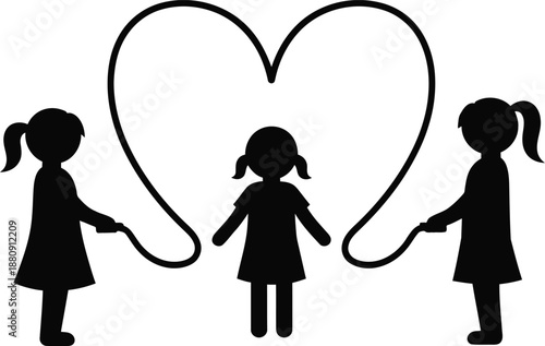 Valentine's day silhouette of three girls jumping rope in heart shape isolated on transparent background