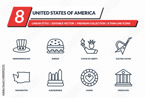 united states of america icons set - independence day, burger, statue of liberty, electric guitar, federalism outline vector collection.