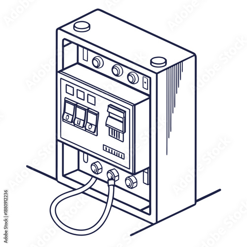 Electrical fuse box with circuit breakers and wiring connection, isometric line drawing