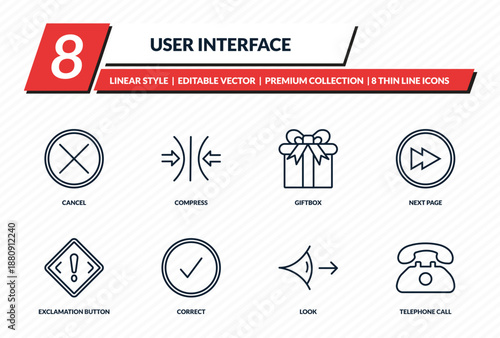 user interface icons set - cancel, compress, giftbox, next page, telephone call outline vector collection.