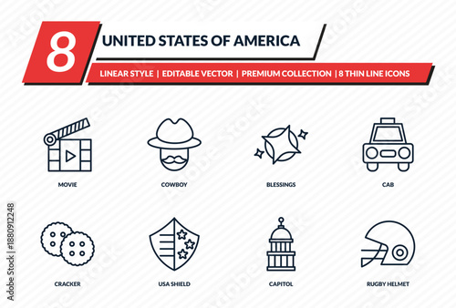 united states of america icons set - movie, cowboy, blessings, cab, rugby helmet outline vector collection.