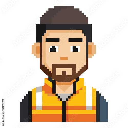 Pixel Art Bearded Male Construction Worker in Yellow Safety Vest