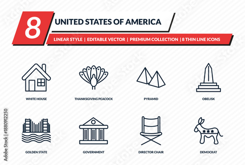 united states of america icons set - white house, thanksgiving peacock, pyramid, obelisk, democrat outline vector collection.