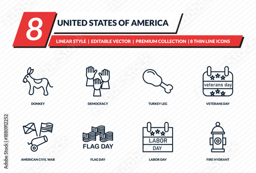united states of america icons set - donkey, democracy, turkey leg, veterans day, fire hydrant outline vector collection.
