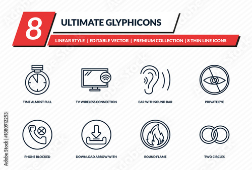 ultimate glyphicons icons set - time almost full, tv wireless connection, ear with sound bar, private eye, two circles outline vector collection.