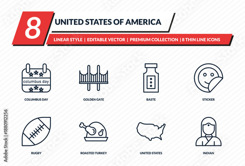 united states of america icons set - columbus day, golden gate, baste, sticker, indian outline vector collection.