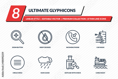 ultimate glyphicons icons set - zoom button, drop crossed, incoming phone, car wash, cargo boat outline vector collection.