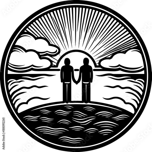 Eternal Bond: Two figures, hand in hand, stand united as the sun rises over the horizon. An emblem of enduring connection.