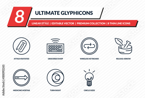 ultimate glyphicons icons set - attach rotated, groceries shop, wireless keyboard, reload arrow, light bulb on outline vector collection.