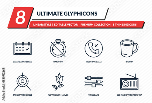 ultimate glyphicons icons set - calendar checked, timer off, incoming calls, big cup, old radio with antenna outline vector collection.