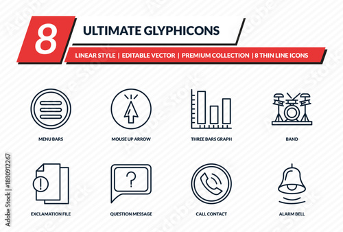 ultimate glyphicons icons set - menu bars, mouse up arrow, three bars graph, band, alarm bell outline vector collection.
