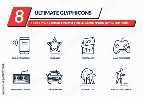 ultimate glyphicons icons set - phone connection, star point, three cards, game controller cross, man walking to right outline vector collection.