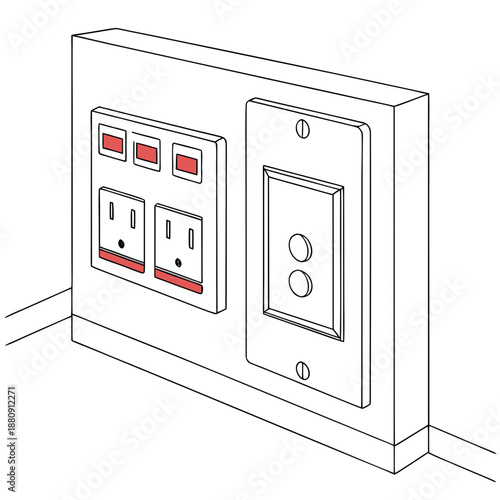 Electrical outlet and light switch combination on wall plate, line art illustration