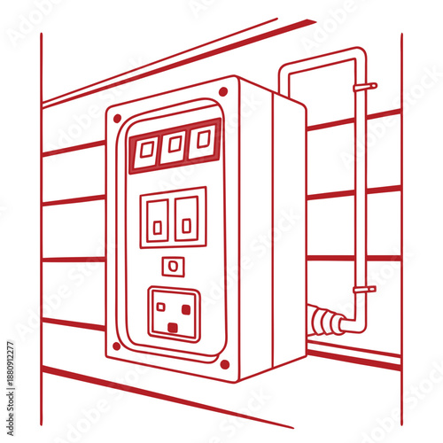 Outdoor weatherproof electrical power outlet box with circuit breakers and switches mounted on a wall