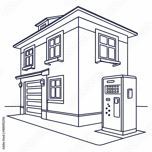 Line art illustration of a twostory house with an attached parking payment machine, black and white outline drawing