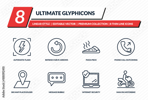 ultimate glyphicons icons set - automatic flash, refresh curve arrows, pizza piece, phone call outcoming, man on motorbike outline vector collection.