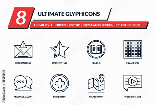 ultimate glyphicons icons set - error message, half star full, reading, square grid, video comment outline vector collection.