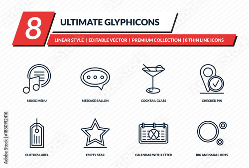 ultimate glyphicons icons set - music menu, message ballon, cocktail glass, checked pin, big and small dots outline vector collection.