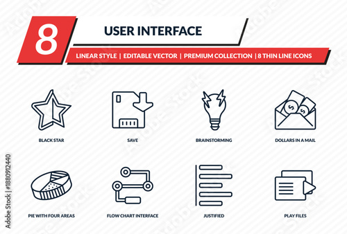 user interface icons set - black star, save, brainstorming, dollars in a mail, play files outline vector collection.