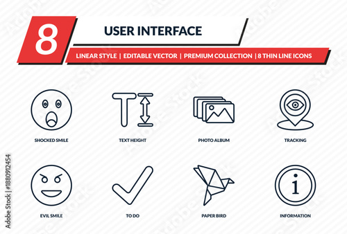 user interface icons set - shocked smile, text height, photo album, tracking, information outline vector collection.