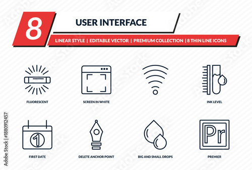 user interface icons set - fluorescent, screen in white, , ink level, premier outline vector collection.