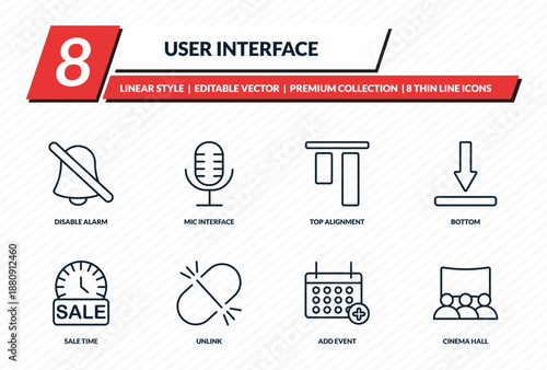 user interface icons set - disable alarm, mic interface, top alignment, bottom, cinema hall outline vector collection.