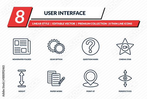 user interface icons set - newspaper folded, gear option, question mark, cinema star, perspectives outline vector collection.