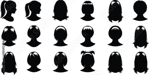 Collection, of, black, women, hairstyle, silhouettes, featuring, various, hair, lengths, and, styles, like, ponytails, bobs, and, long, hair, for, salon, design.