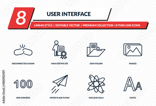 user interface icons set - disconnected chains, man certificate, data folder, images, fonts outline vector collection.