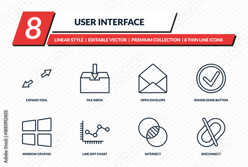 user interface icons set - expand tool, file inbox, open envelope, round done button, disconnect outline vector collection.