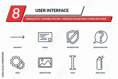 user interface icons set - slim right, postal, no protection, question button, spray paint outline vector collection.